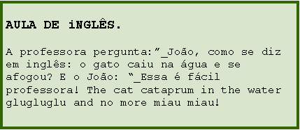 Caixa de texto: AULA DE iNGLS.A professora pergunta:_Joo, como se diz em ingls: o gato caiu na gua e se afogou? E o Joo: _Essa  fcil professora! The cat cataprum in the water glugluglu and no more miau miau!